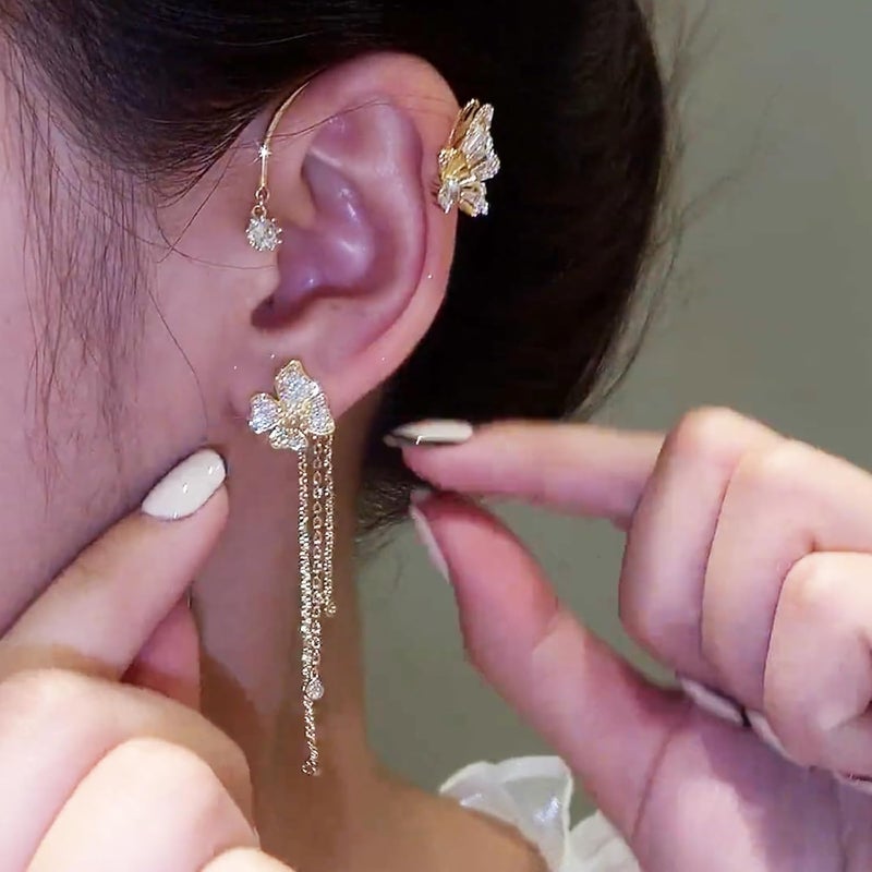 DOLLESS Butterfly Flower Tassel Ear Cuffs Earrings Rhinestone Butterfly Flower Ear Wrap No Piercing Earrings for Women - Image 3